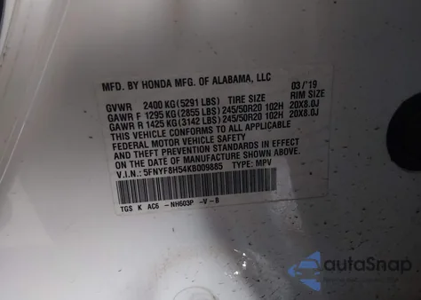 2019 Honda Passport Ex-L z USA, uszkodzony, nr VIN 5FNYF8H54KB009885